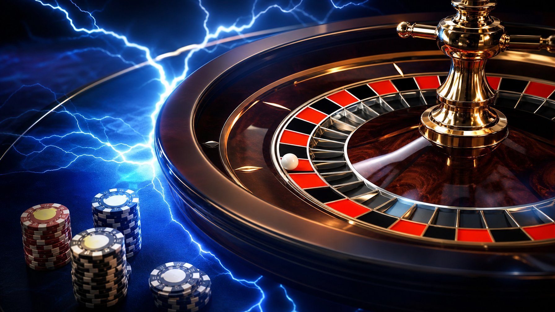 Roda roulette elegan dengan bola kemenangan, dikelilingi kilatan cahaya biru dan beberapa keping kasino.