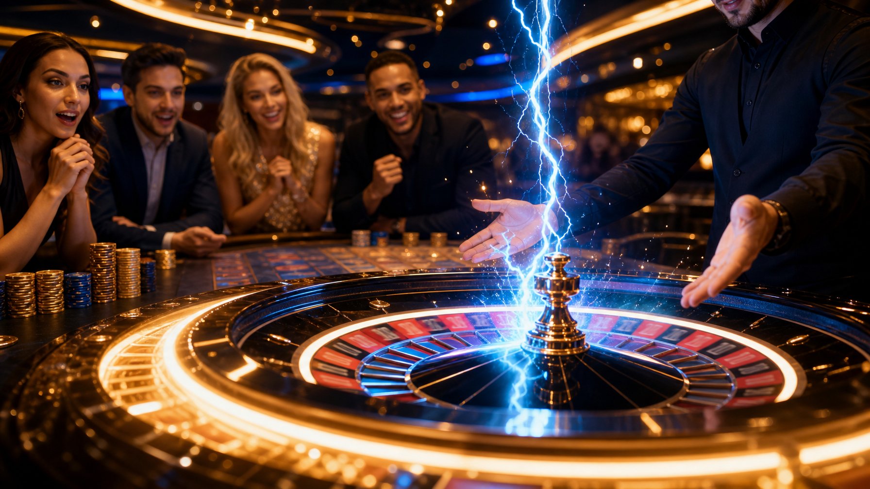 Roda roulette bercahaya listrik biru di meja kasino mewah dengan keping taruhan dan pemain yang menyaksikan.