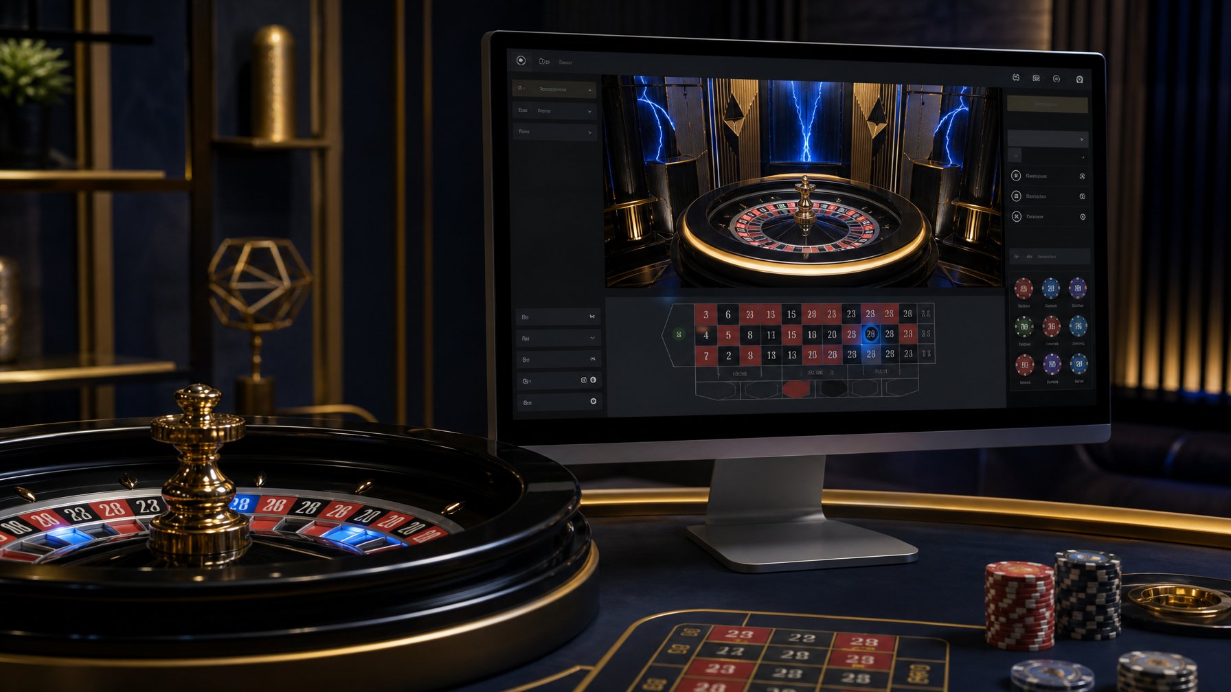 Roda roulette modern dengan efek kilat biru di meja kasino dan layar permainan digital.