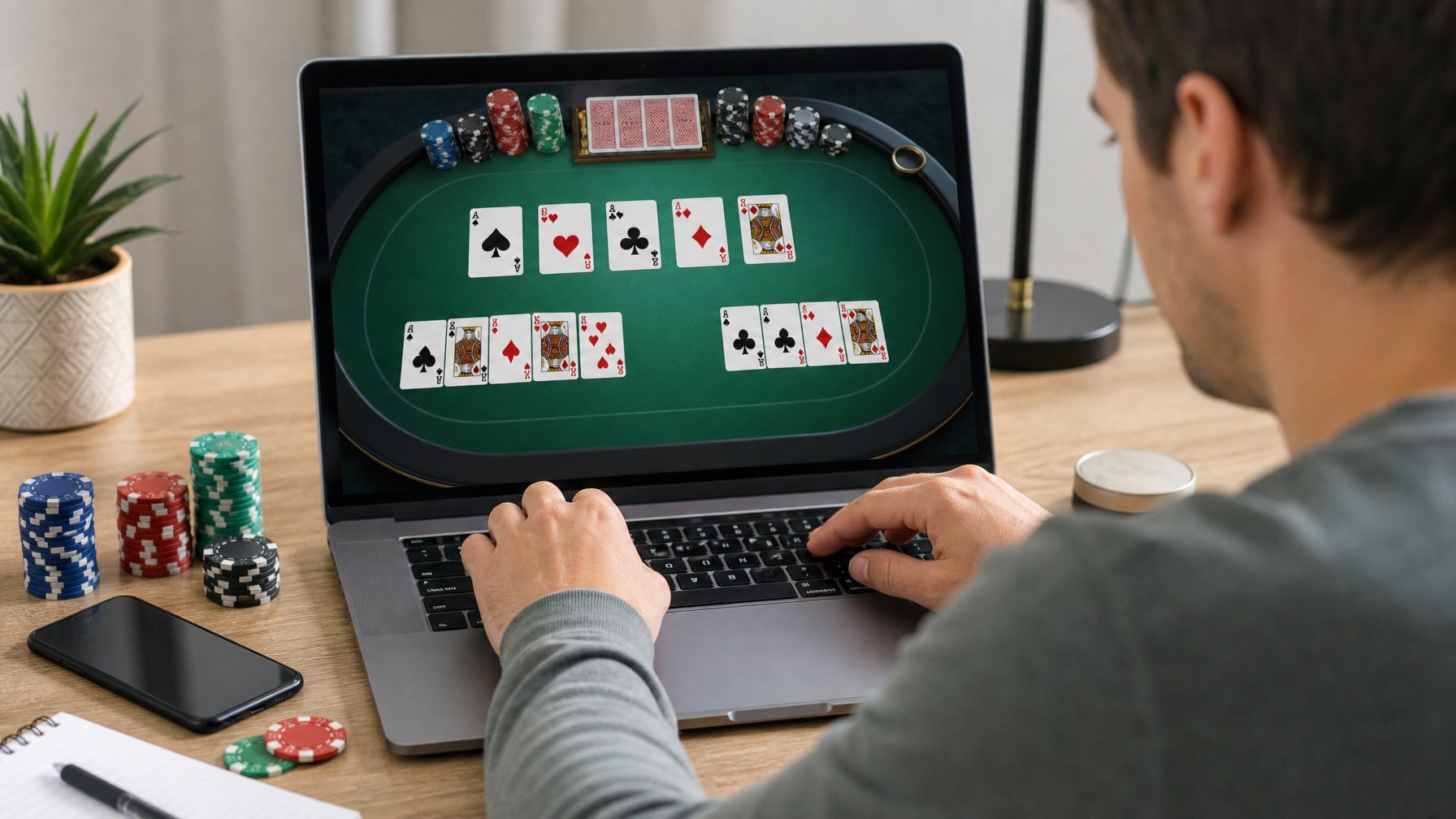 Pemula mempelajari Pai Gow Poker online menggunakan laptop dengan kartu dan chip di meja.