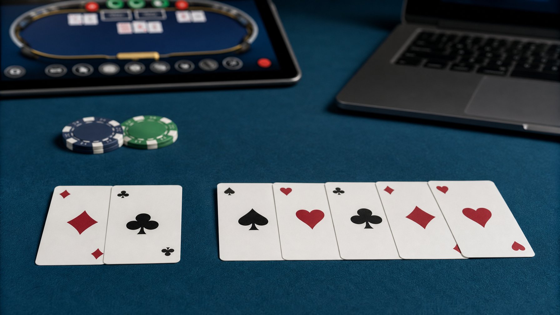 Meja permainan dengan kartu Pai Gow Poker yang disusun menjadi dua tangan dan beberapa keping chip.