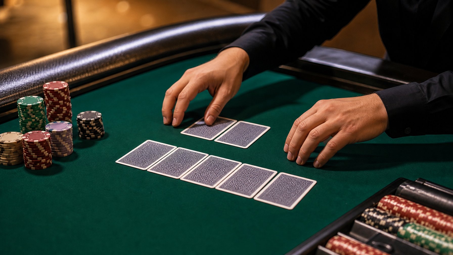 Tangan sedang menyusun tujuh kartu poker menjadi dua kelompok di atas meja kasino.