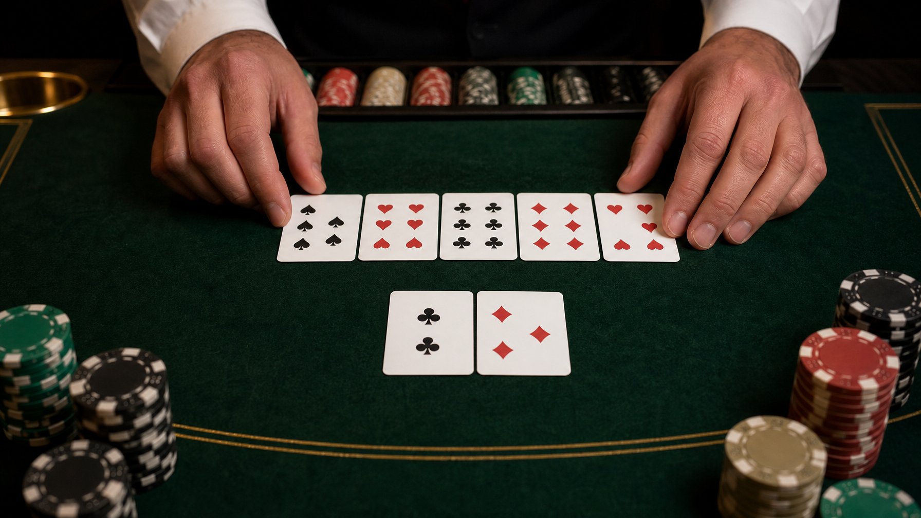 Tangan dealer menyusun tujuh kartu Pai Gow Poker menjadi dua kelompok di atas meja kasino.