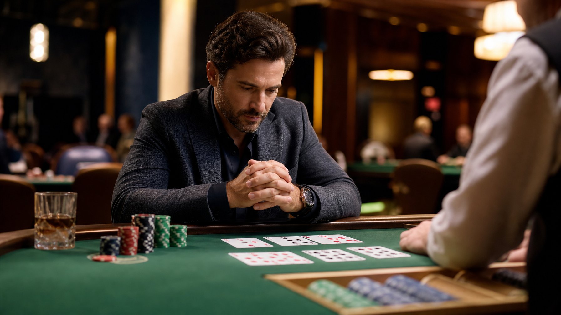 Seorang pemain mempelajari susunan kartu Pai Gow Poker dan keping kasino di meja permainan.