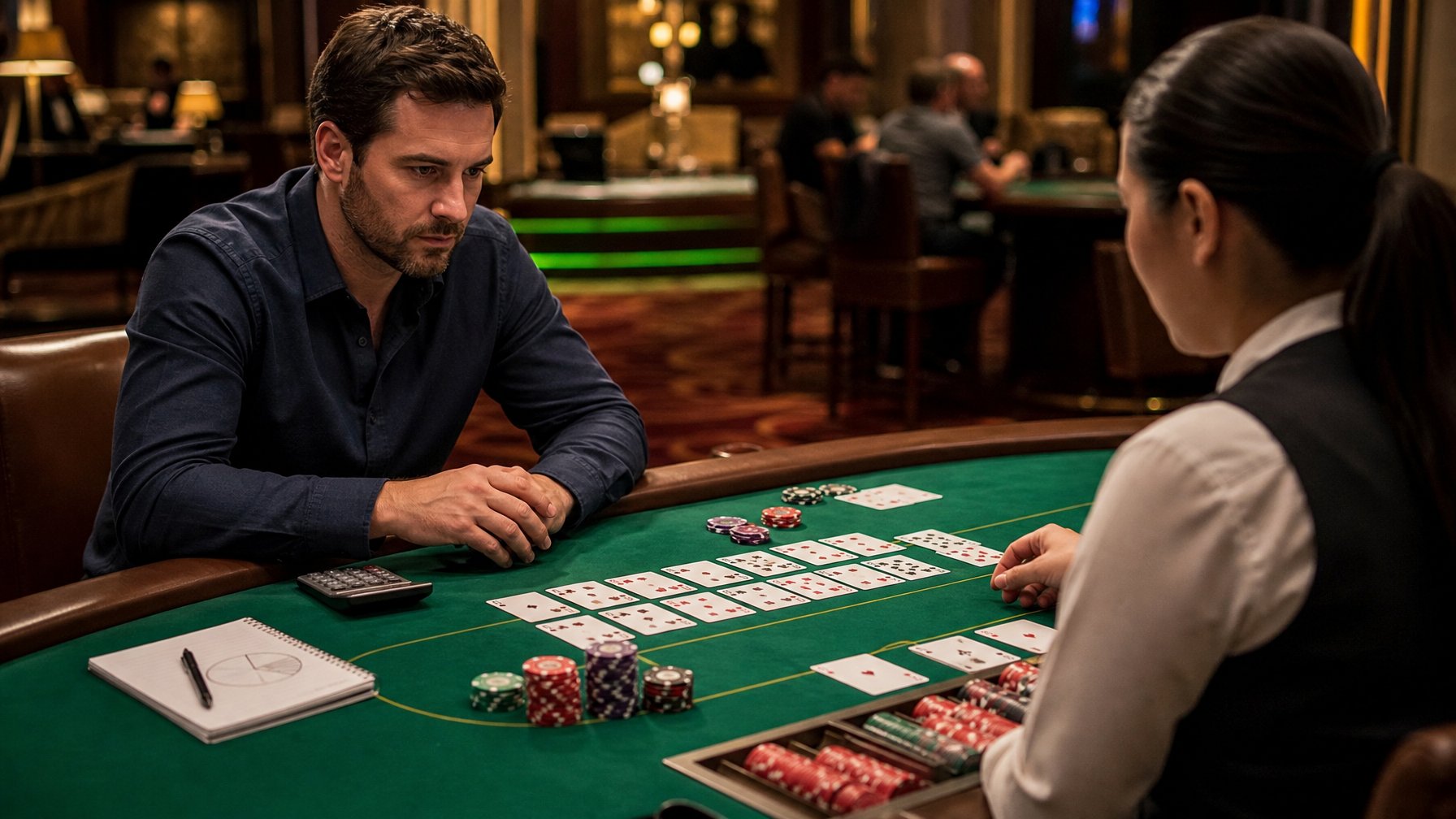 Pemain dan dealer berada di meja Pai Gow Poker dengan kartu, chip, dan perlengkapan analisis.