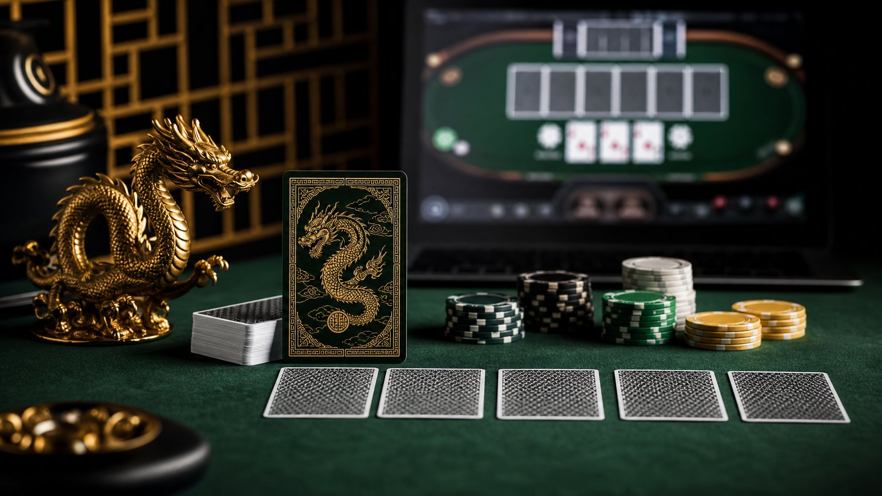 Kartu poker, keping kasino, dan simbol naga tersusun di atas meja hijau dengan laptop di latar belakang.