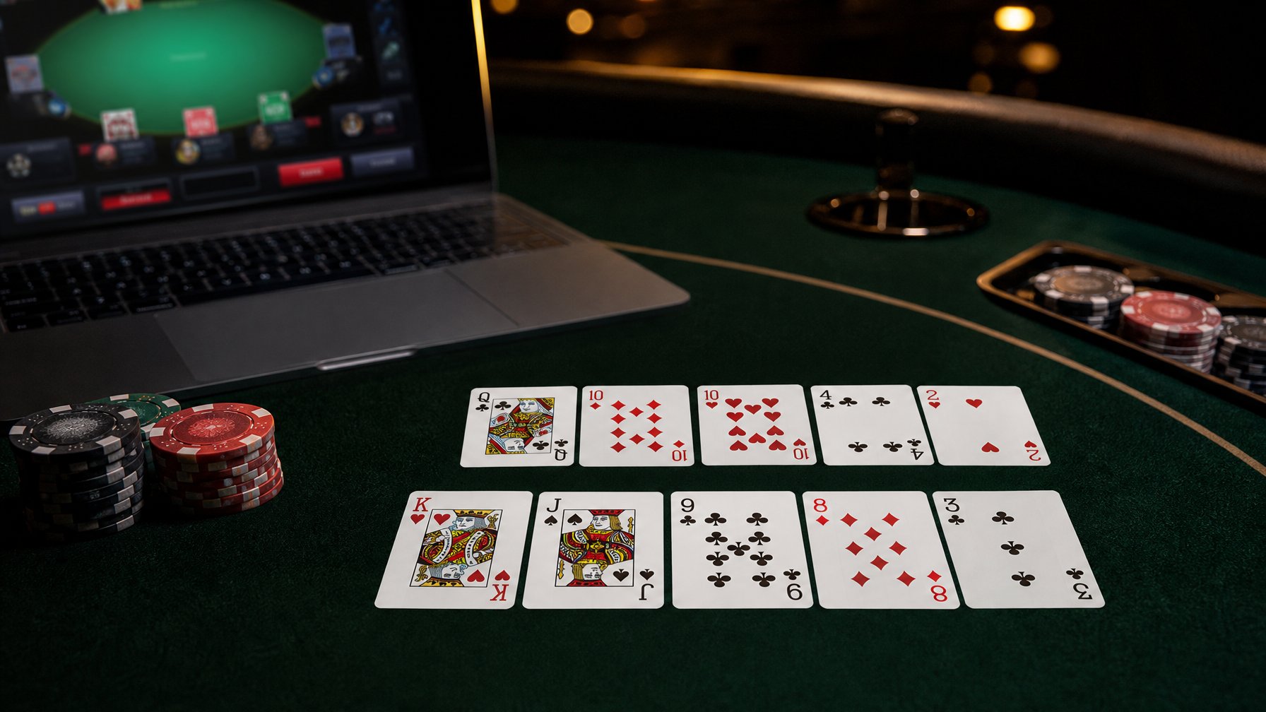 Dua susunan kartu poker di atas meja hijau dengan keping taruhan dan perangkat digital.