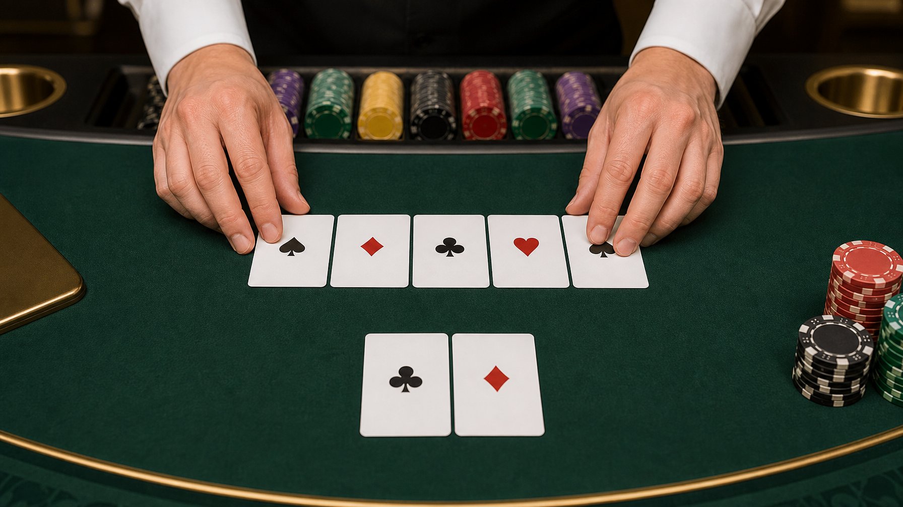 Kartu Pai Gow Poker tersusun menjadi satu kombinasi lima kartu dan satu kombinasi dua kartu di atas meja kasino.