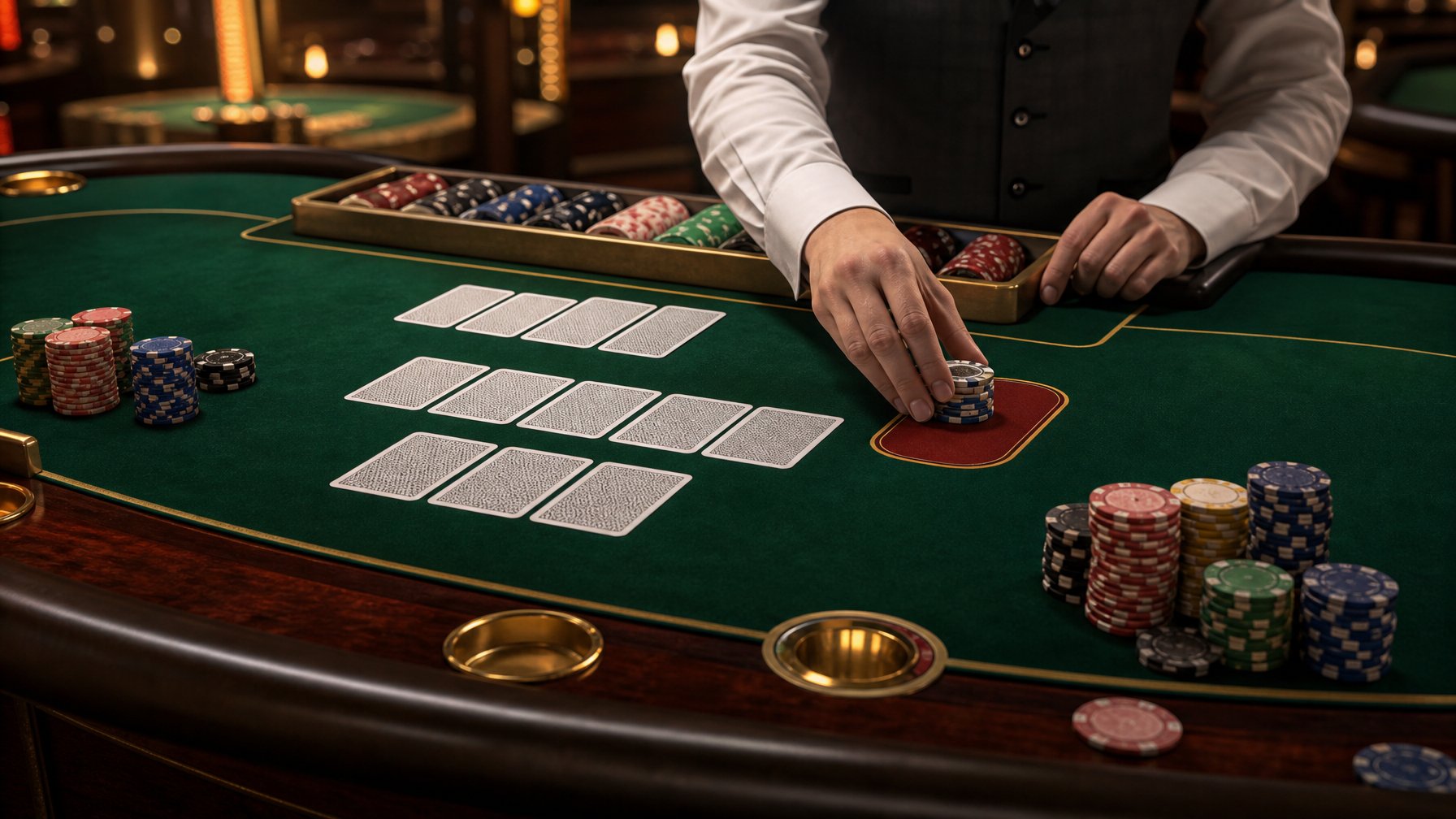 Meja Pai Gow Poker dengan kartu, keping kasino, dan taruhan sampingan yang sedang ditempatkan.