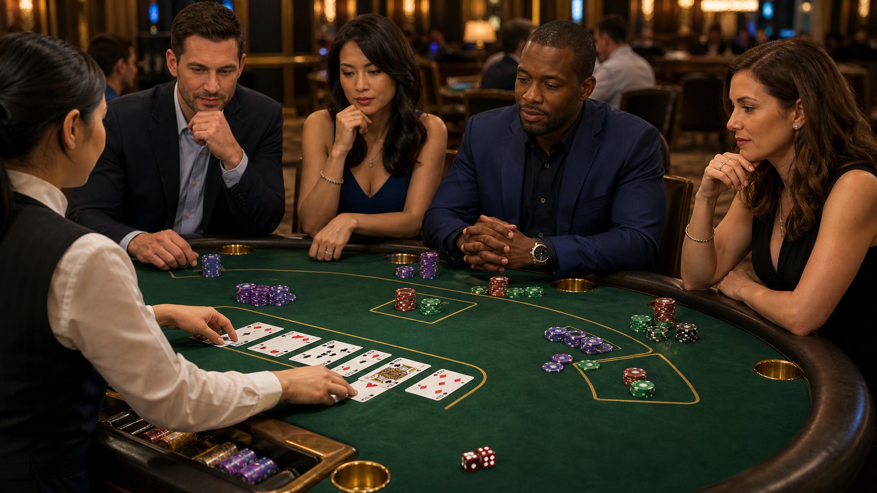 Meja Pai Gow Poker dengan kartu, keping taruhan, dealer, dan pemain yang sedang memperhatikan permainan.