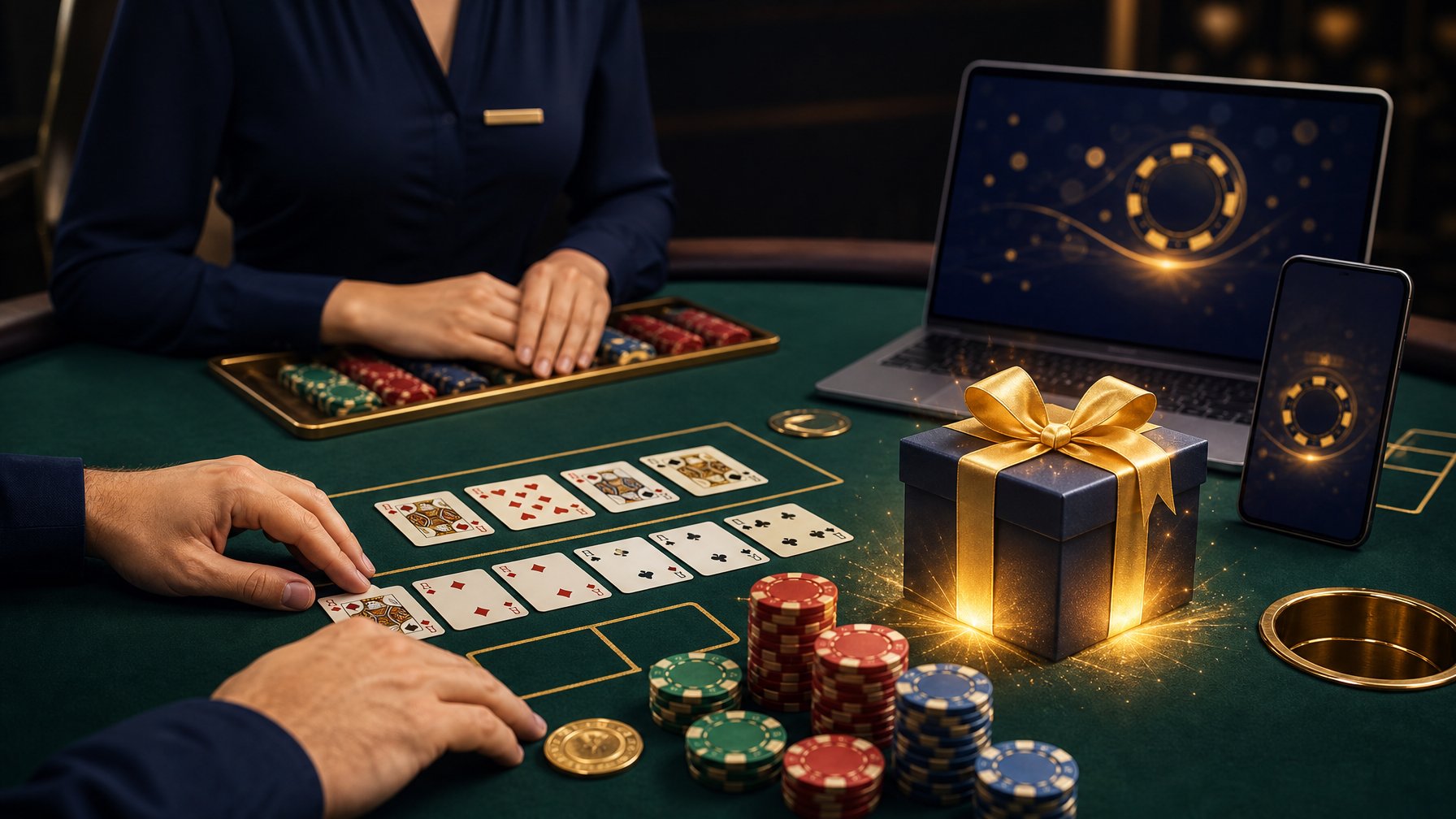 Meja Pai Gow Poker elegan dengan kartu, keping poker, dan perangkat digital di lingkungan kasino premium.