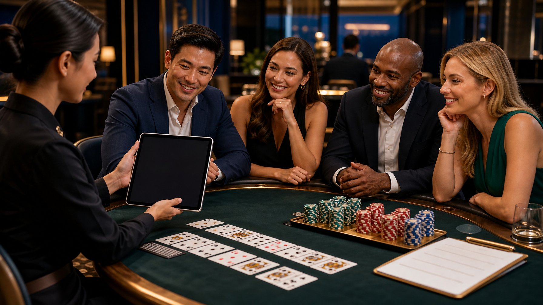 Pemain dewasa meninjau persyaratan bonus sederhana di meja Pai Gow Poker dengan kartu dan chip kasino.
