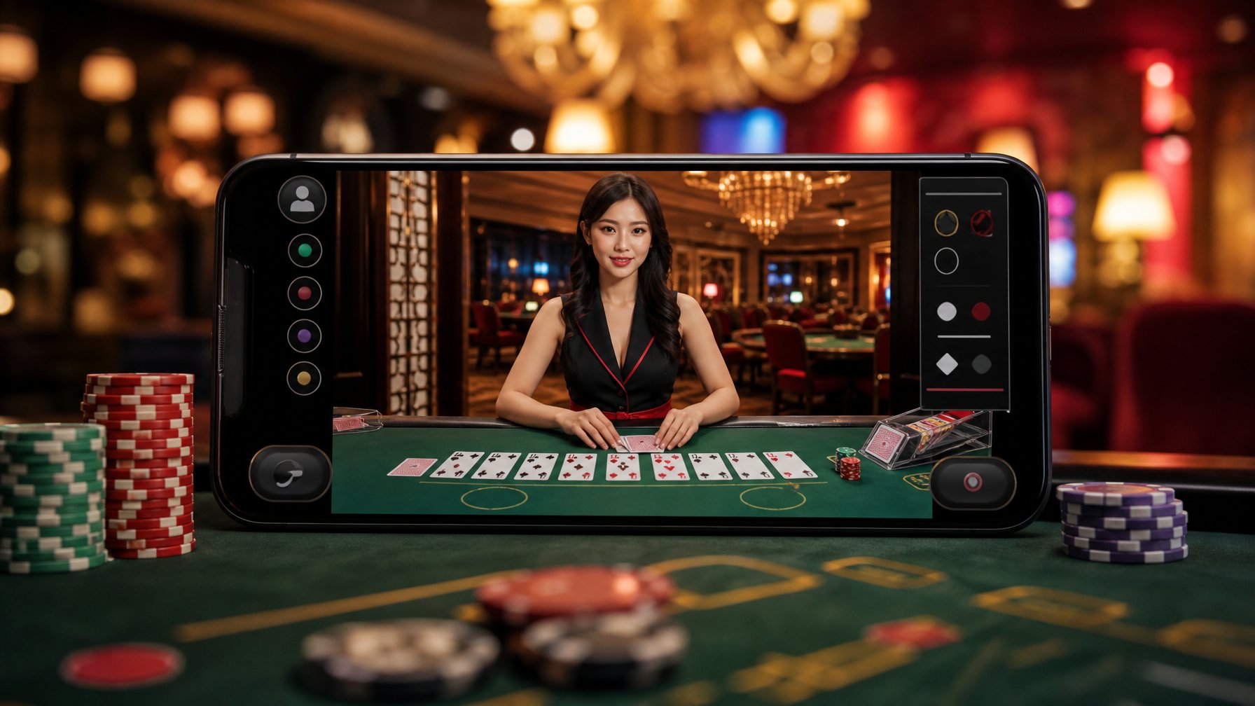 Seorang dealer membagikan kartu di meja kasino hijau, terlihat melalui layar ponsel dengan keping chip di sekitarnya.