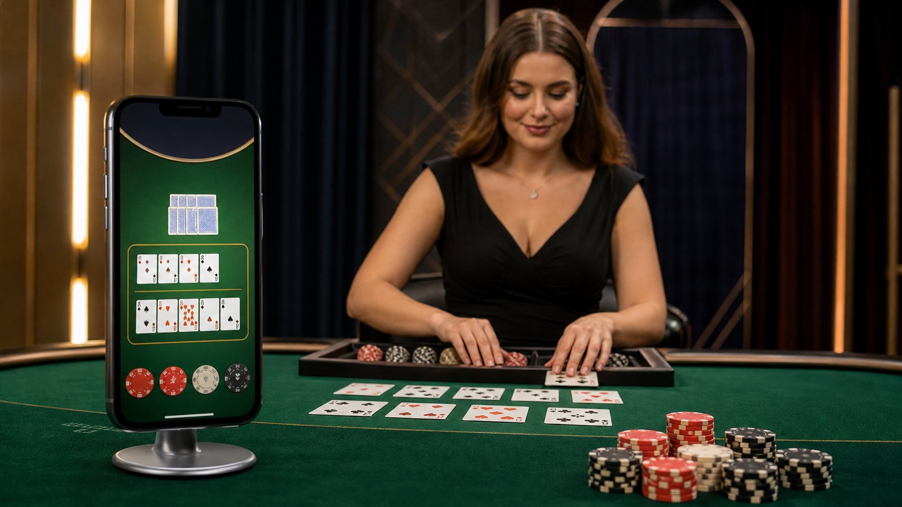 Dealer kasino langsung menata kartu dan chip Pai Gow Poker di depan ponsel.