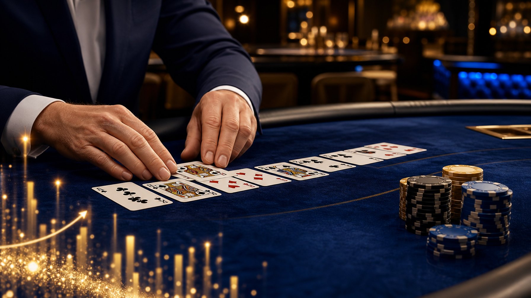 Tangan pemain menyusun kartu dan keping poker di atas meja kasino dengan suasana elegan.