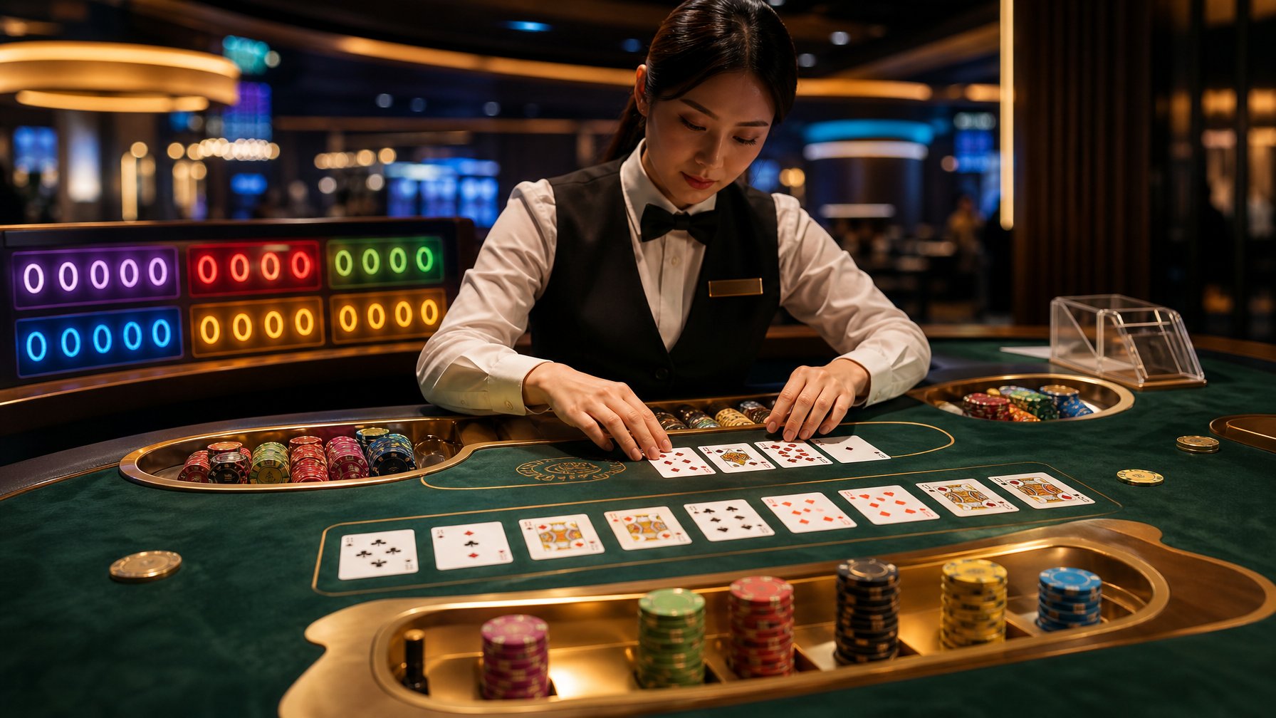 Meja Pai Gow Poker dengan kartu, keping kasino, dan indikator jackpot progresif di suasana kasino modern.