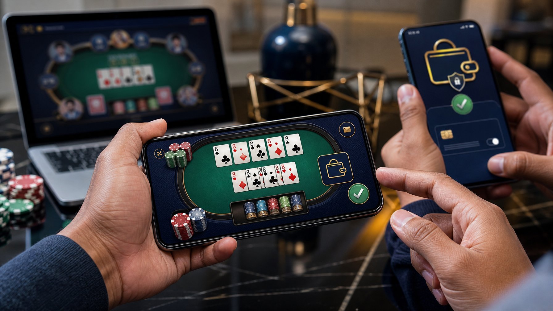 Ponsel menampilkan meja Pai Gow Poker digital dengan kartu dan keping poker, disertai simbol pembayaran aman.