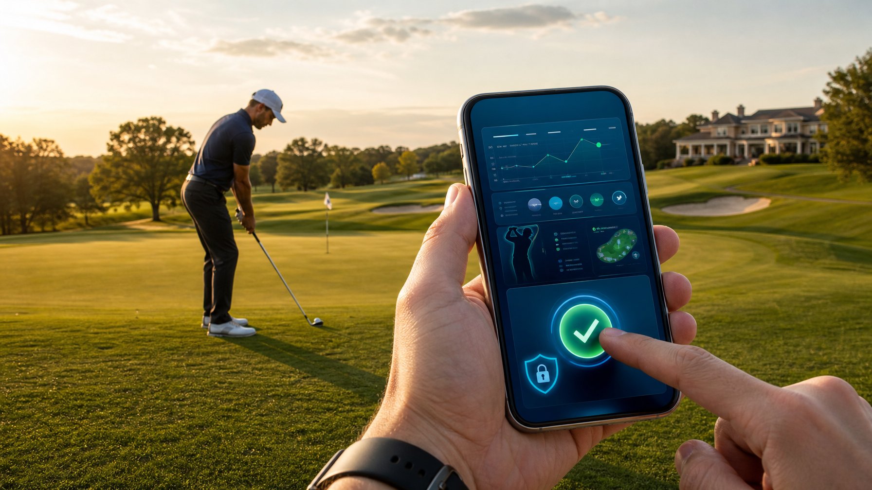 Pegolf bersiap memukul bola di lapangan hijau dengan seseorang memegang ponsel yang menampilkan antarmuka digital aman.