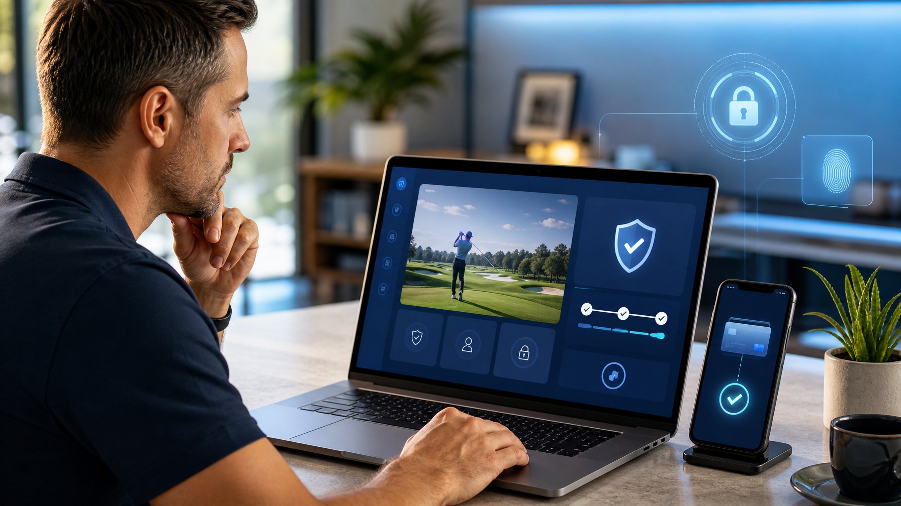 Seseorang memeriksa platform taruhan golf dan proses pencairan dana melalui laptop dan ponsel dengan simbol keamanan.