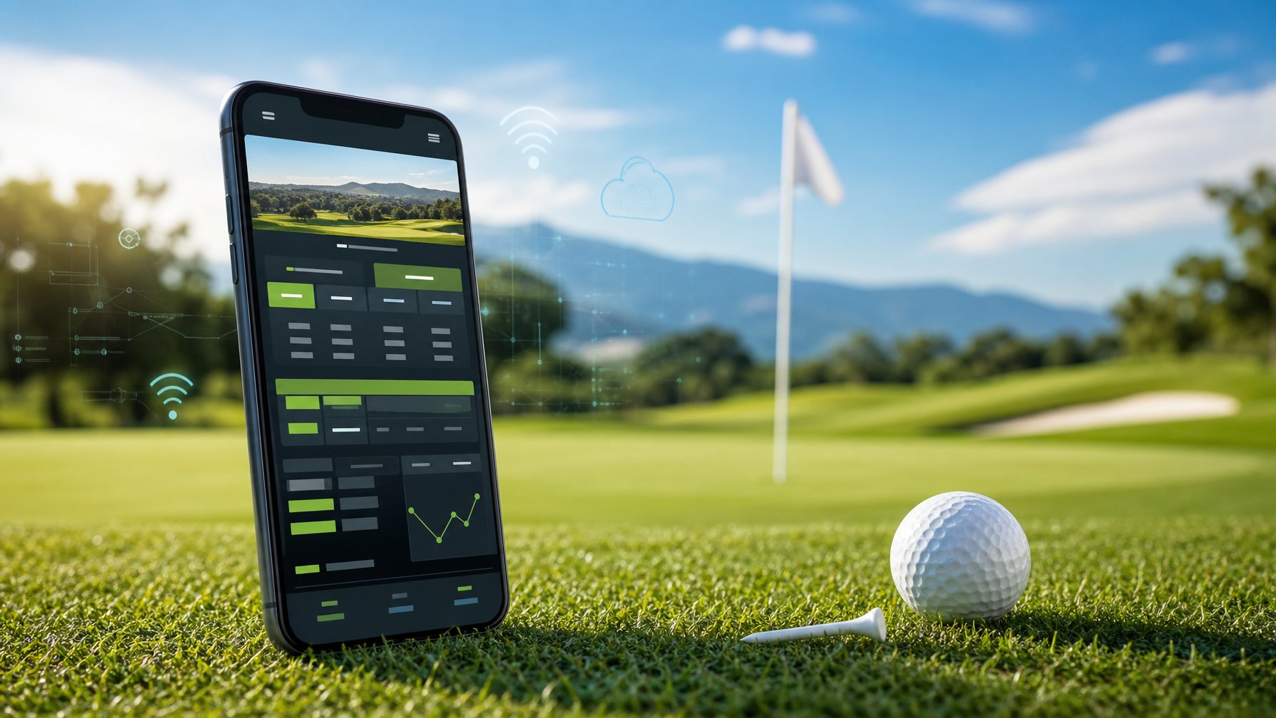 Ponsel pintar menampilkan aplikasi golf di atas lapangan golf hijau dengan bola golf dan tiang bendera di latar belakang.