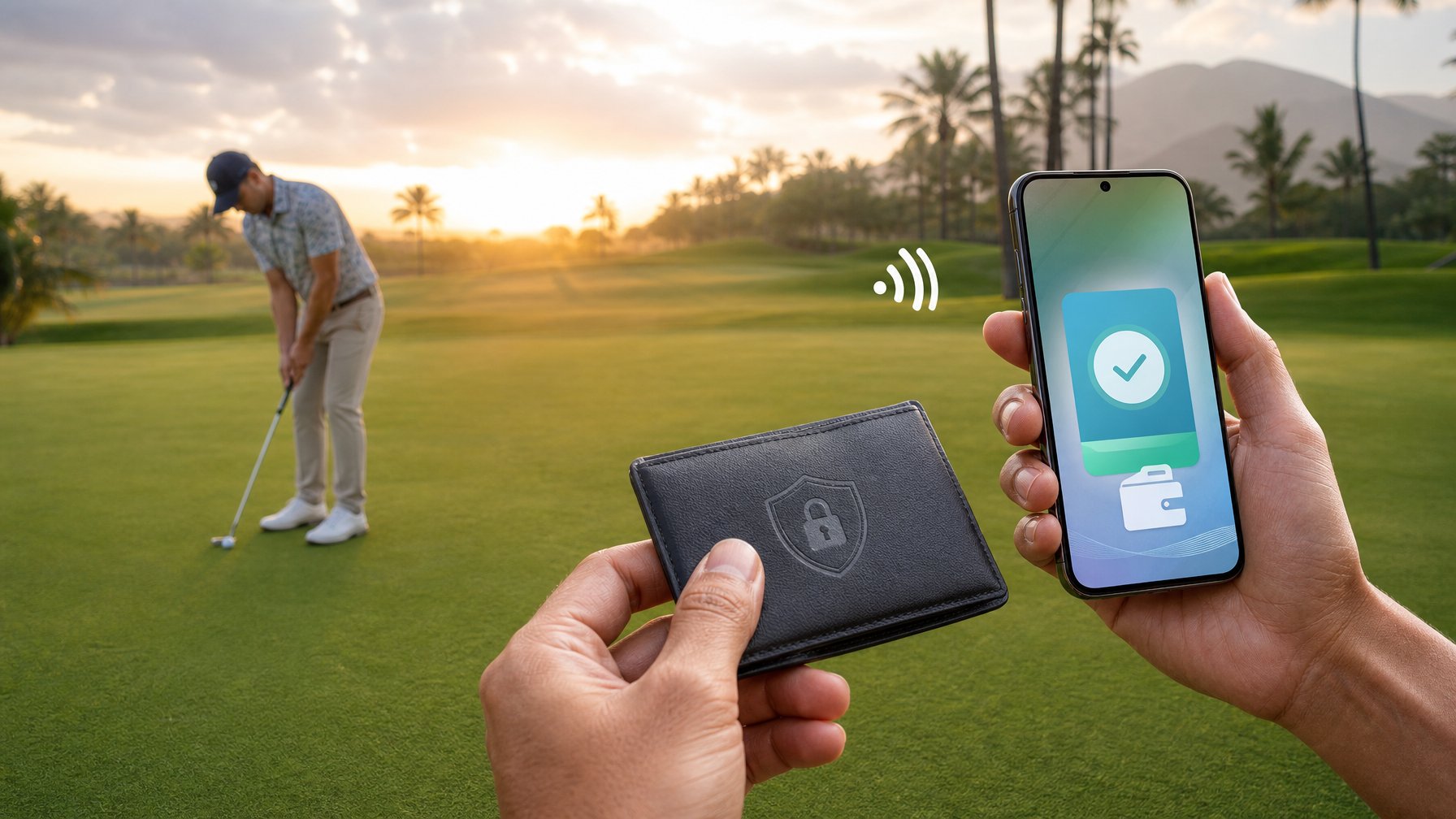 Pegolf bersiap melakukan pukulan di lapangan hijau dengan ponsel dan simbol pembayaran digital di latar depan.