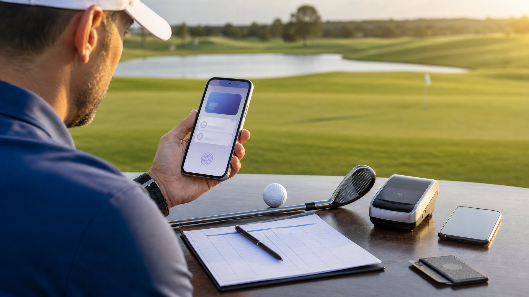 Pegolf memegang ponsel di lapangan golf dengan perangkat pembayaran digital di dekatnya.