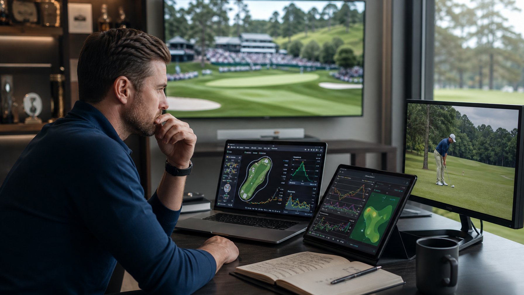 Analis memantau turnamen golf langsung sambil mempelajari data pertandingan di laptop dan tablet.