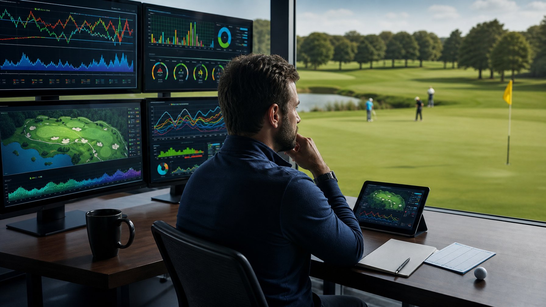Seorang analis memantau pertandingan golf dan visualisasi data dari ruang kerja yang menghadap lapangan.