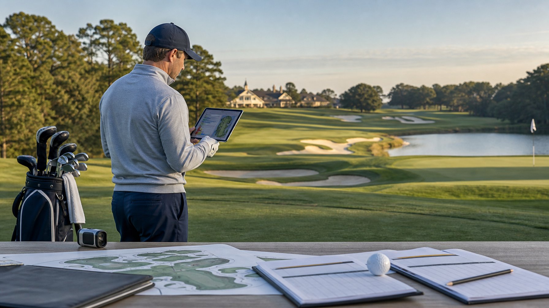 Pegolf mempelajari tablet di lapangan golf dengan pemandangan fairway, bunker, dan rintangan air.