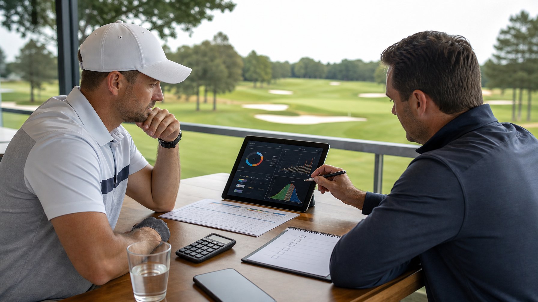 Dua orang meninjau data golf dan grafik abstrak di meja dengan lapangan golf di latar belakang.