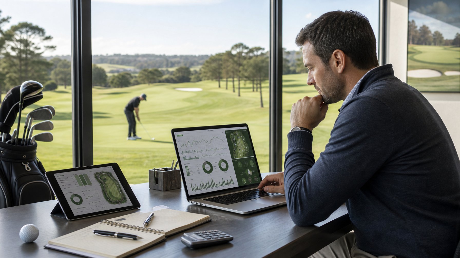 Seorang analis golf mempelajari data pertandingan di meja kerja dengan lapangan golf terlihat di belakangnya.