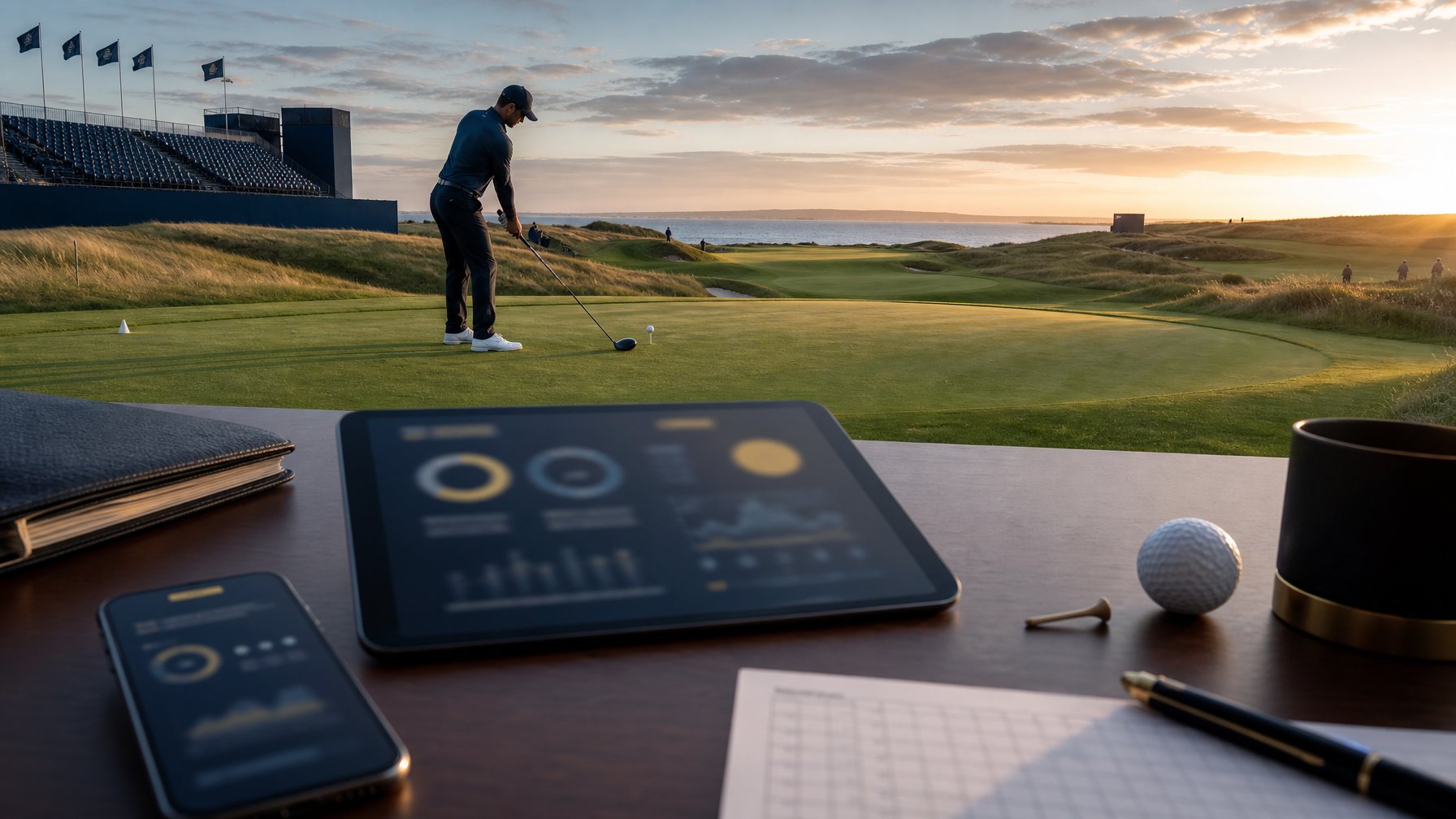 Pegolf bersiap melakukan pukulan di lapangan golf profesional dengan perangkat digital dan perlengkapan golf di latar depan.