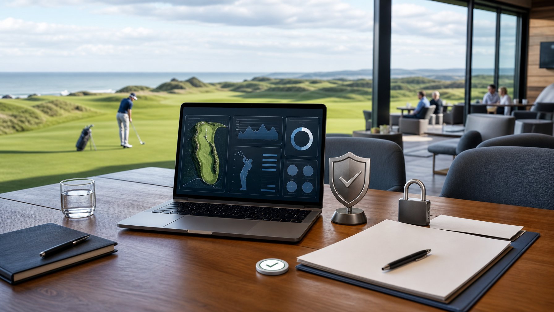 Laptop dengan simbol keamanan di meja, menghadap lapangan golf pesisir dan pegolf di kejauhan.