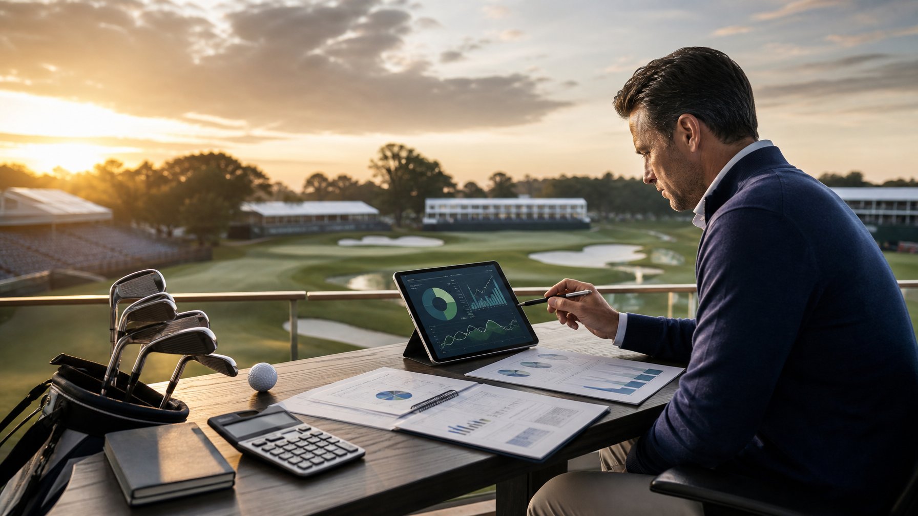 Seorang analis meninjau data taruhan golf di meja dengan latar lapangan PGA yang terawat.