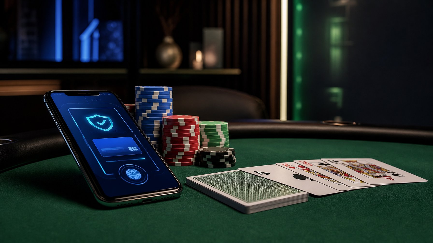 Meja poker dengan kartu, keping taruhan, dan ponsel yang menampilkan antarmuka pembayaran digital.