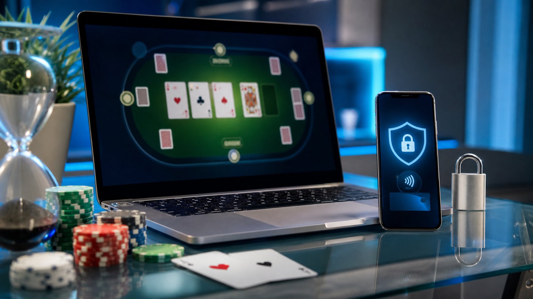 Laptop dan ponsel dengan elemen poker, chip, kartu, serta simbol keamanan di meja modern.