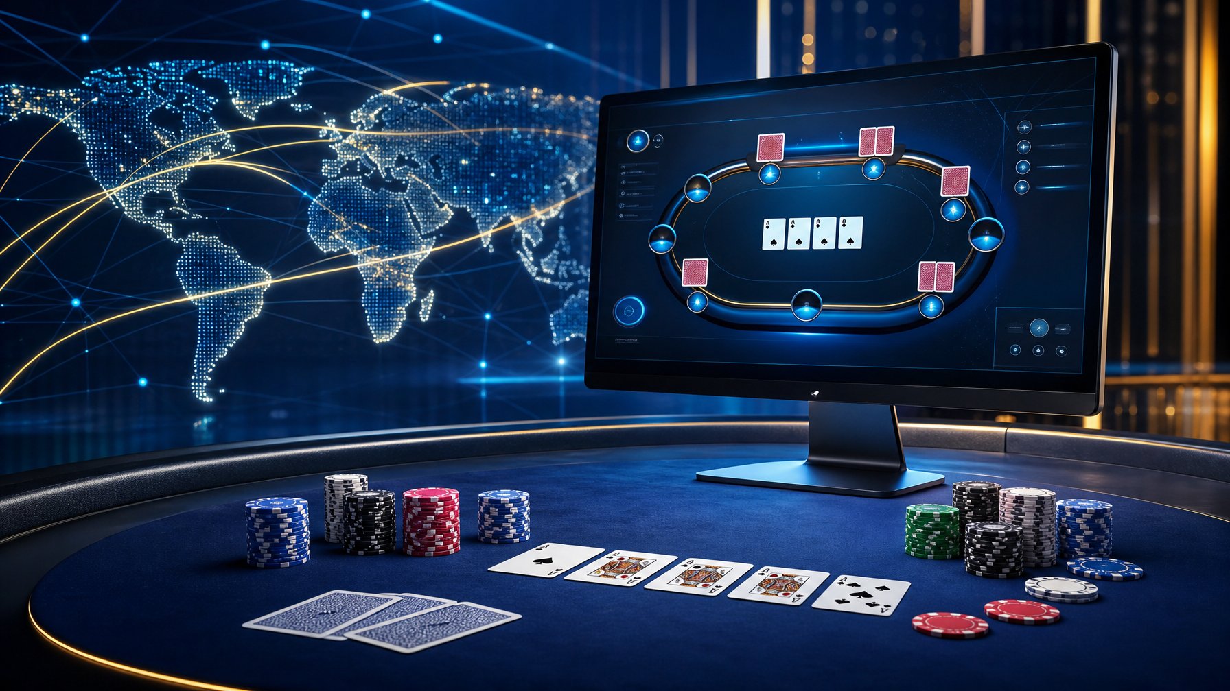Meja poker modern dengan kartu, chip, dan monitor yang terhubung ke jaringan global.