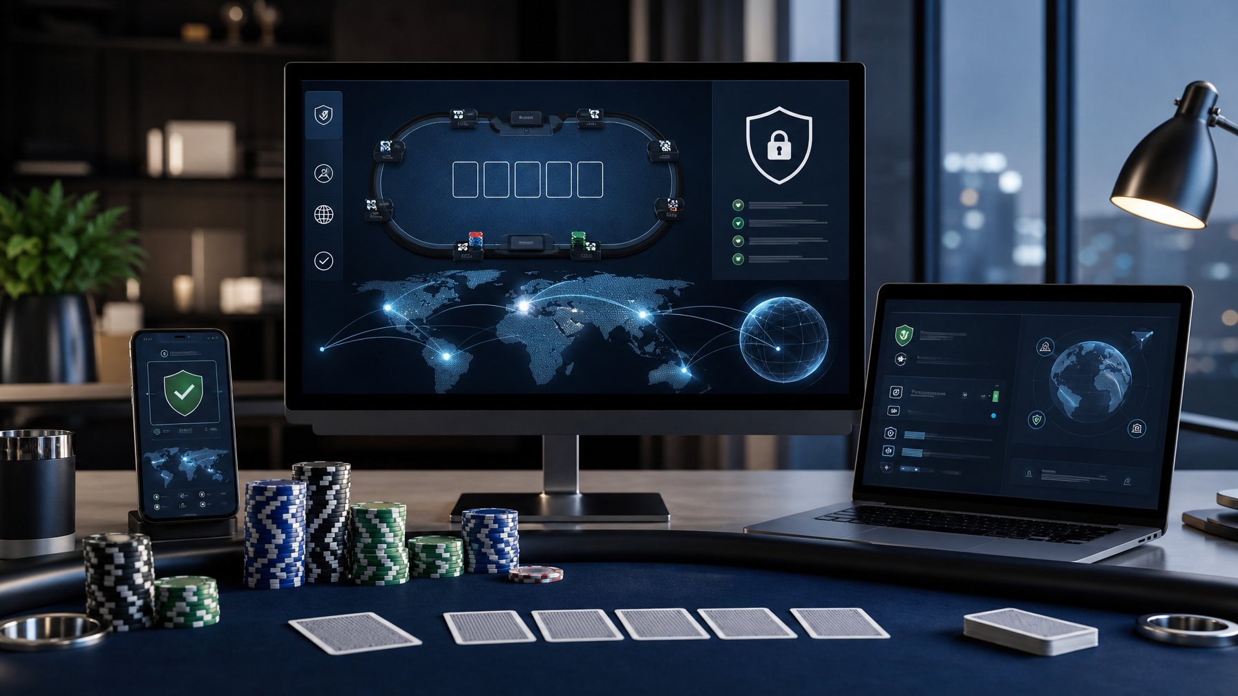 Meja kerja modern dengan layar poker digital, tumpukan chip, kartu, dan visualisasi koneksi global.