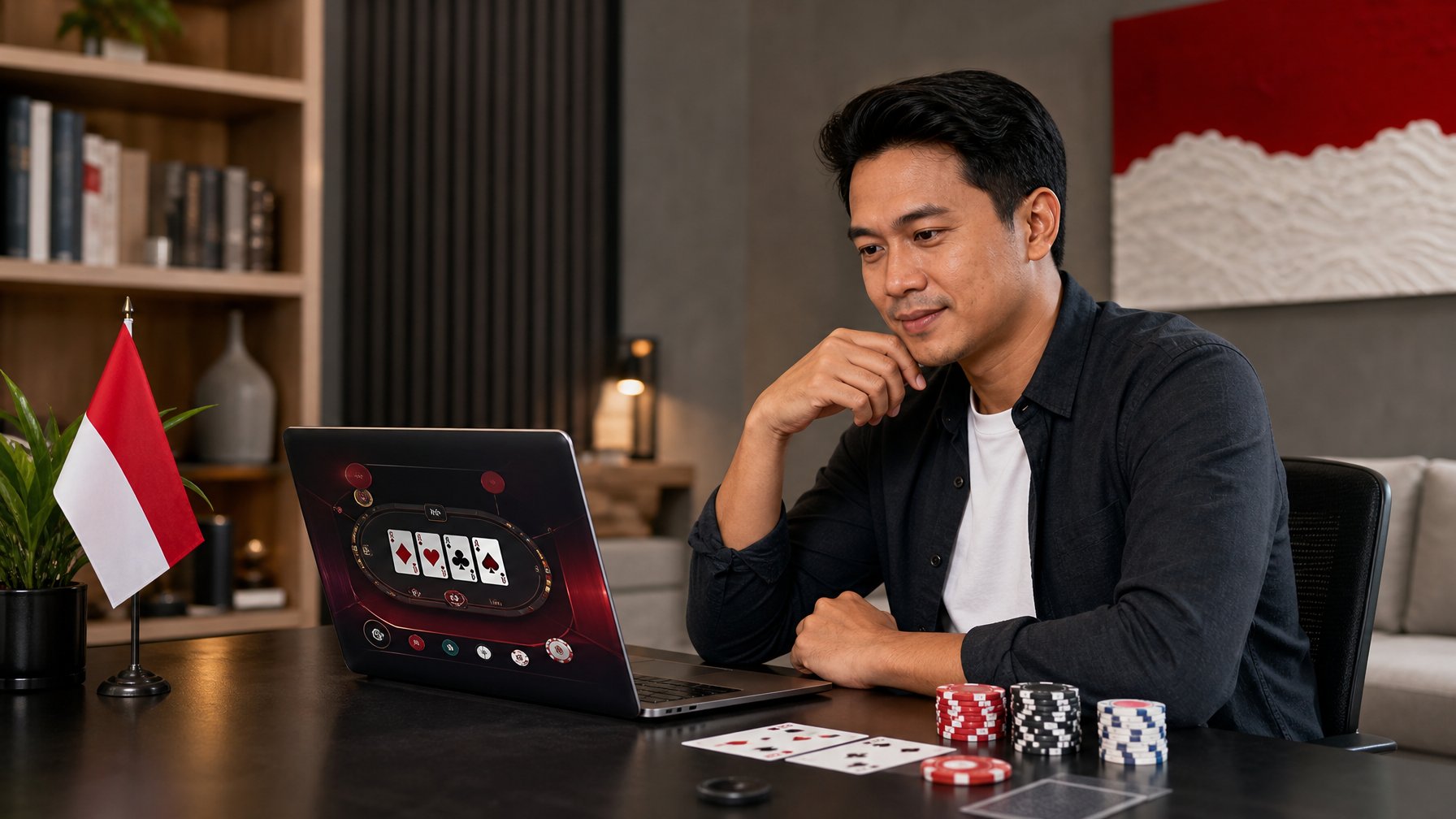 Seorang dewasa Indonesia melihat laptop dengan kartu remi dan keping poker di meja.