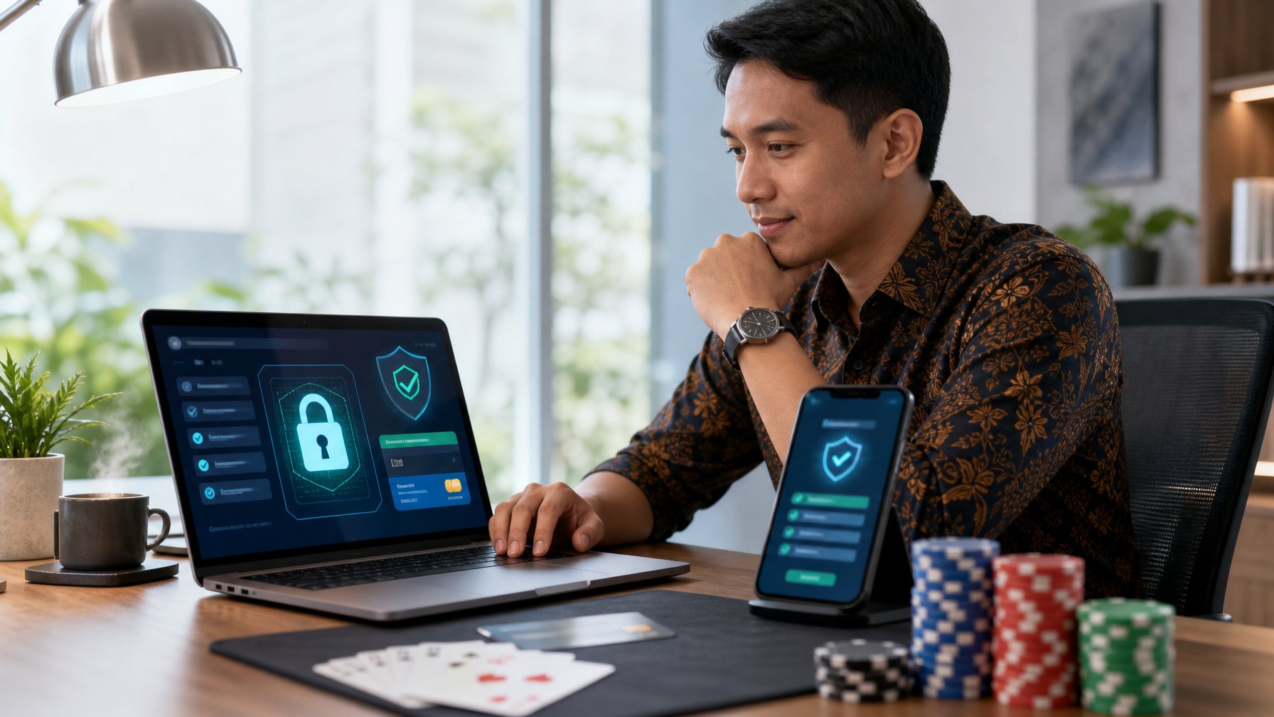 Profesional Indonesia menilai platform poker online yang aman menggunakan laptop, dengan simbol keamanan, kartu, dan chip poker di meja.