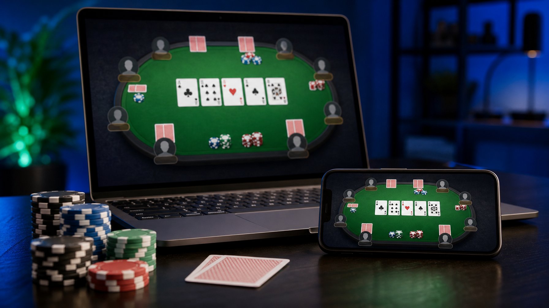 Laptop dan ponsel menampilkan meja poker digital dengan kartu dan keping poker di atas meja.