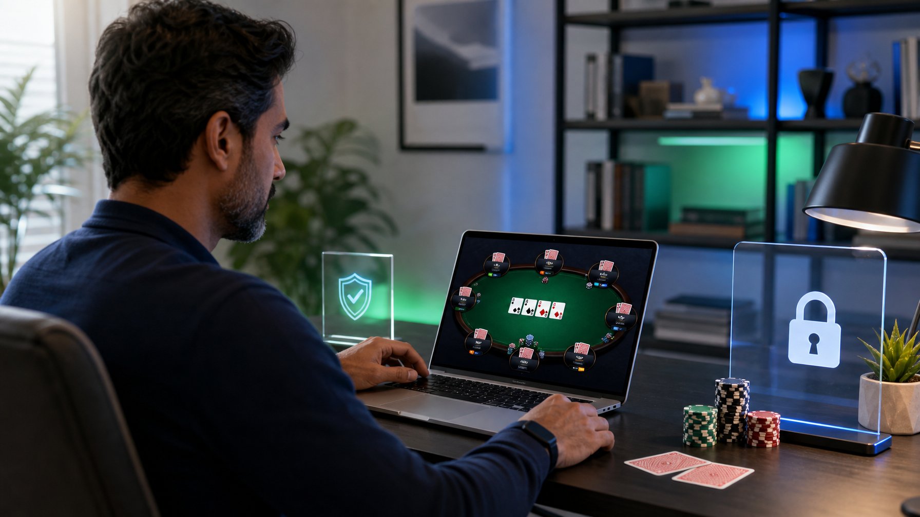 Orang dewasa memeriksa platform poker Texas Hold’em di laptop dalam ruang kerja modern dengan simbol keamanan.