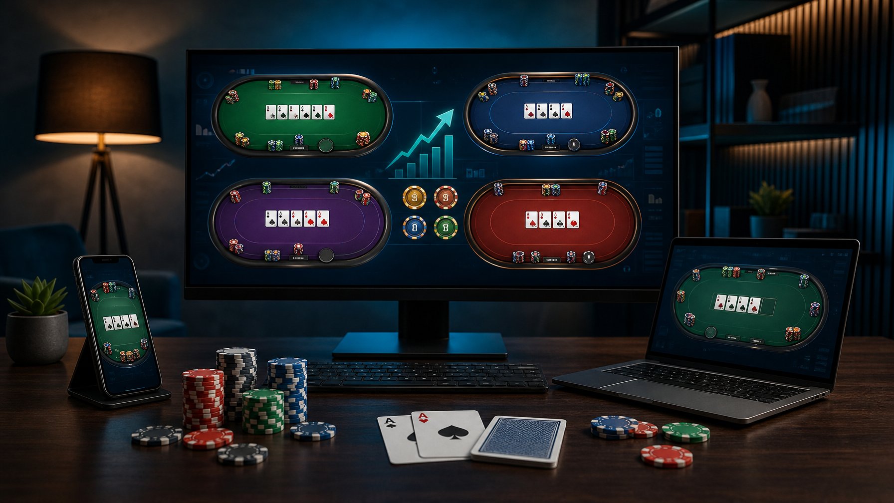 Meja kerja modern dengan layar yang menampilkan beberapa meja poker digital, kartu remi, dan tumpukan koin poker.