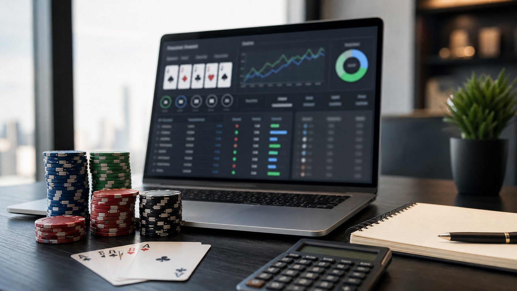 Laptop dengan tampilan analisis poker daring, tumpukan keping poker, kartu, kalkulator, dan buku catatan di atas meja.