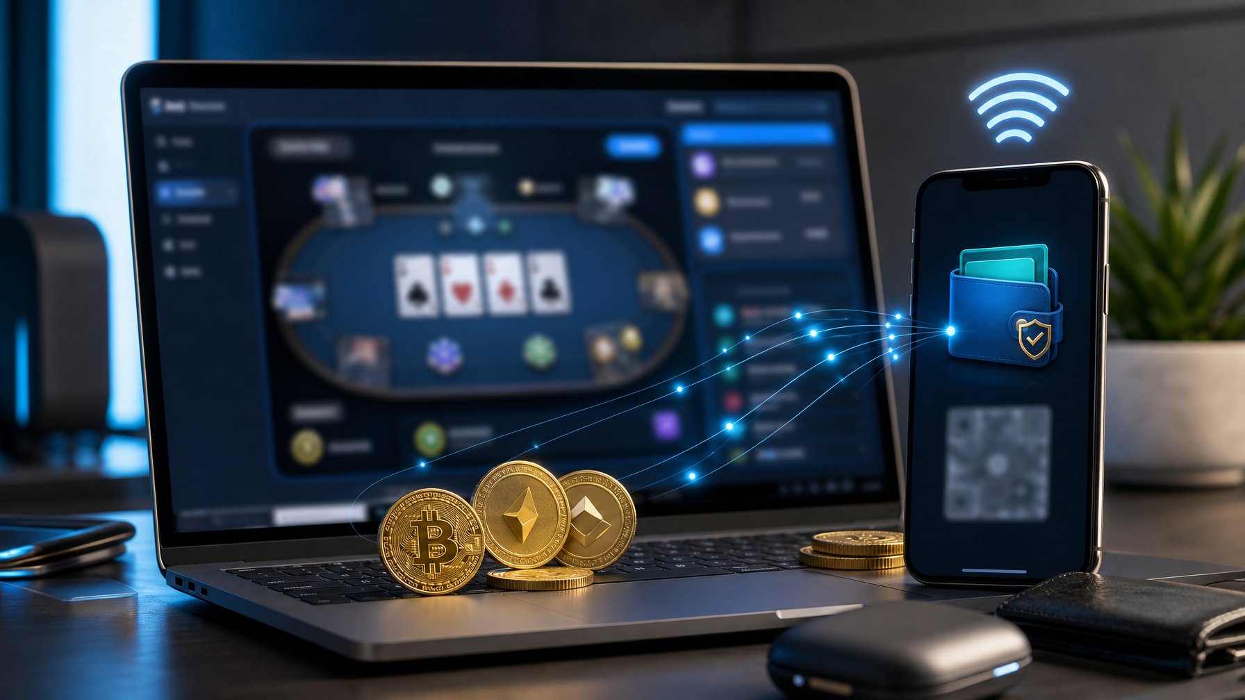 Laptop dan ponsel menampilkan konsep permainan poker daring serta transaksi dompet digital dan mata uang kripto.