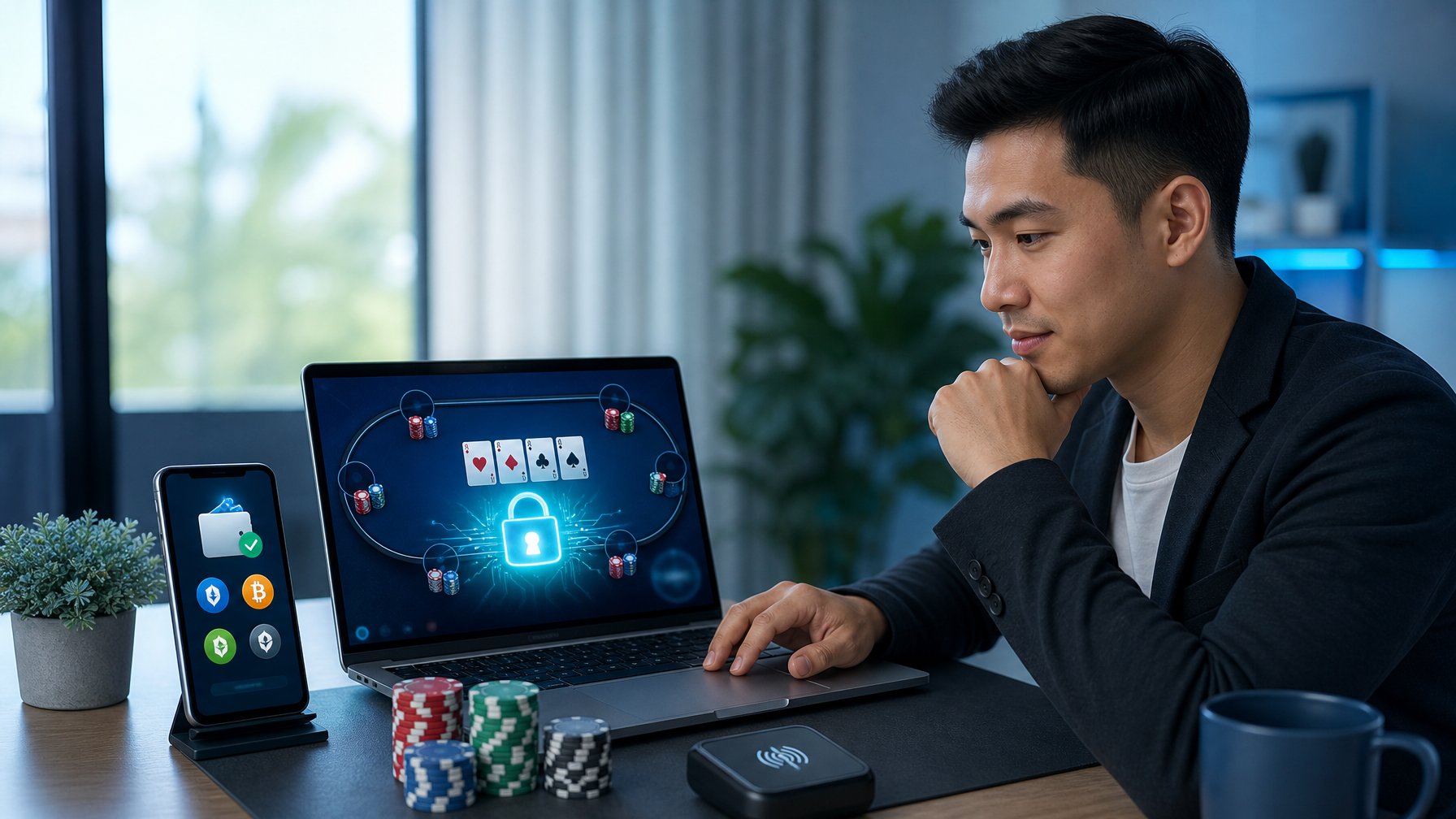 Seorang profesional menggunakan laptop dengan antarmuka poker dan perangkat pembayaran digital di meja kerja.