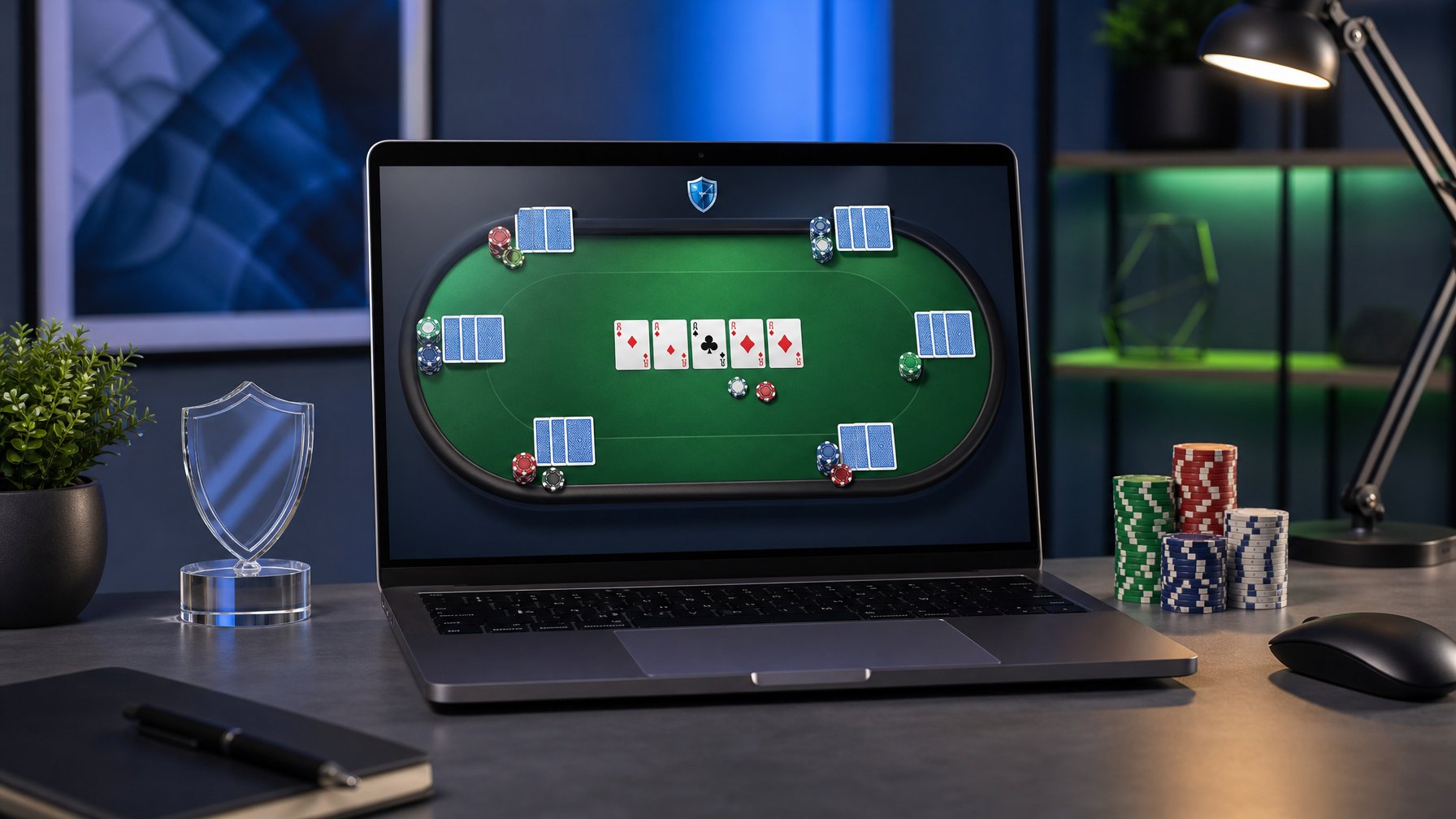 Laptop menampilkan meja poker digital dengan kartu, chip, dan simbol perisai di ruang kerja modern.