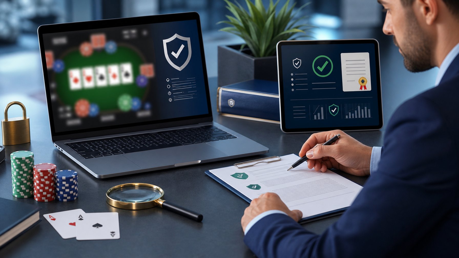Analis kepatuhan memeriksa lisensi dan keamanan platform poker online di ruang kerja modern.