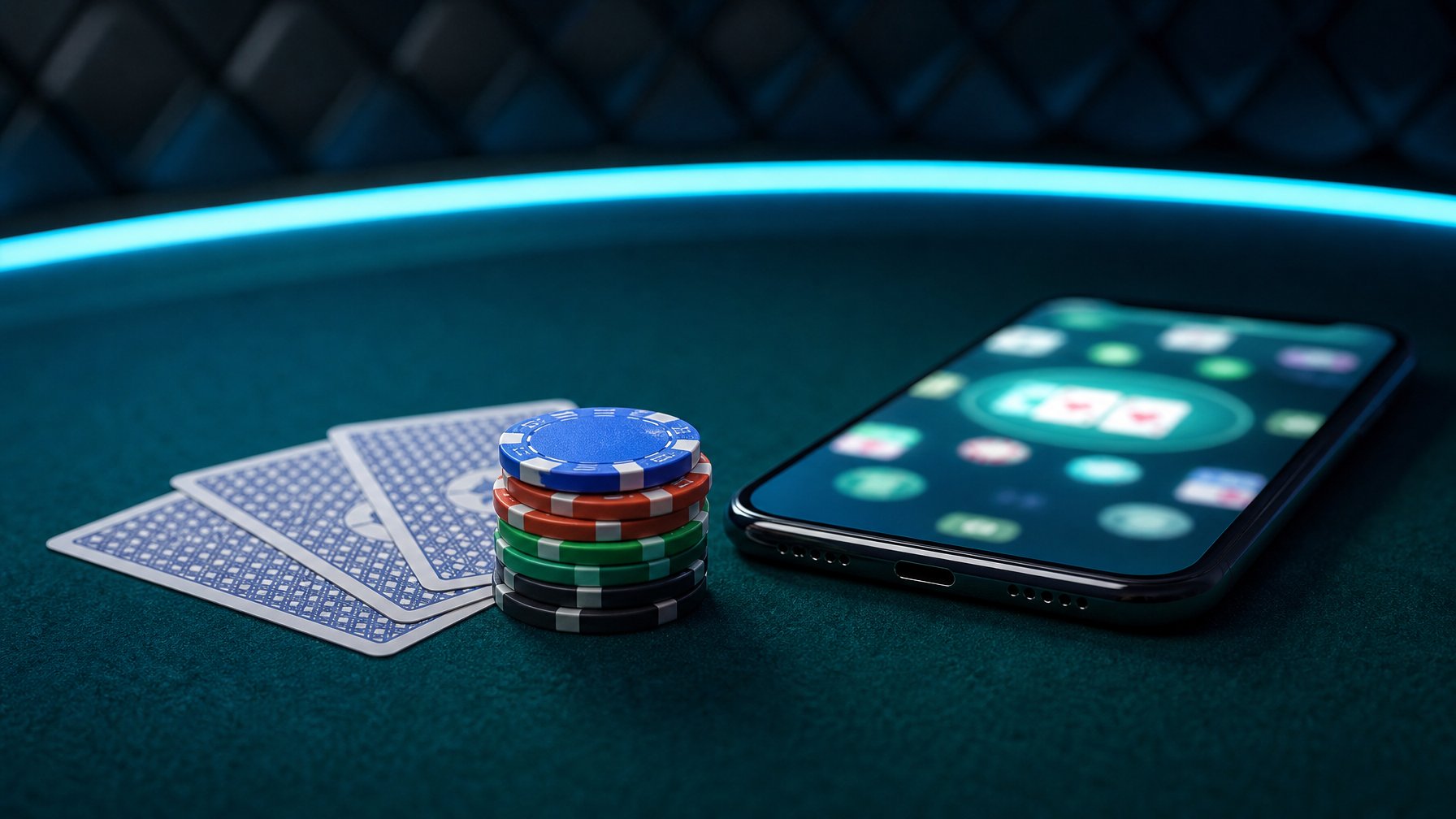 Meja poker dengan kartu, keping taruhan, dan ponsel yang menampilkan antarmuka permainan samar.