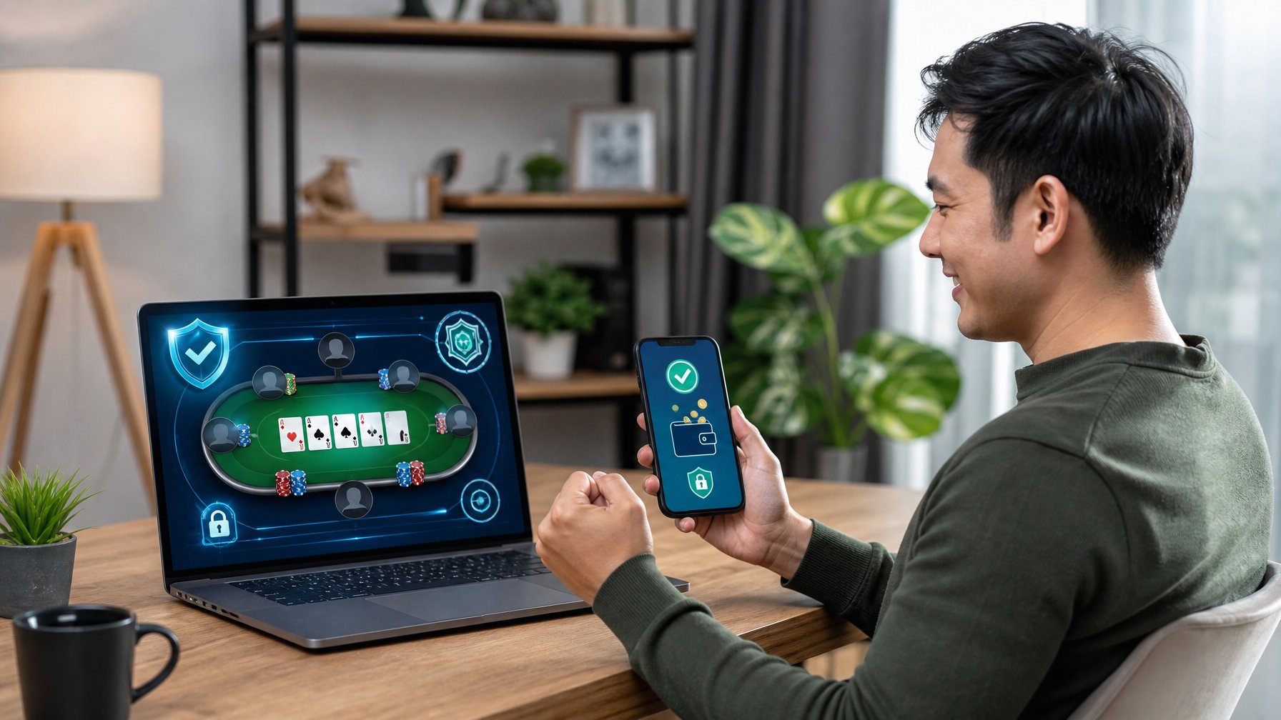 Orang dewasa melihat platform poker online aman di laptop dengan simbol perisai dan gembok.